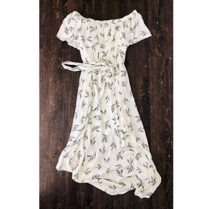 White olive branch print off the shoulder dress